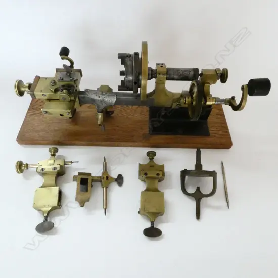 LATE 19thC BRASS HAND OPERATED CLOCK/WATCHMAKER'S LATHE w COMPOUND SLIDE, ETC.